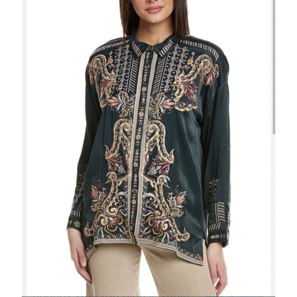 Johnny Was Biya Tandit Blouse Small Spruce Green Embroidered‎ Button Front Boho
